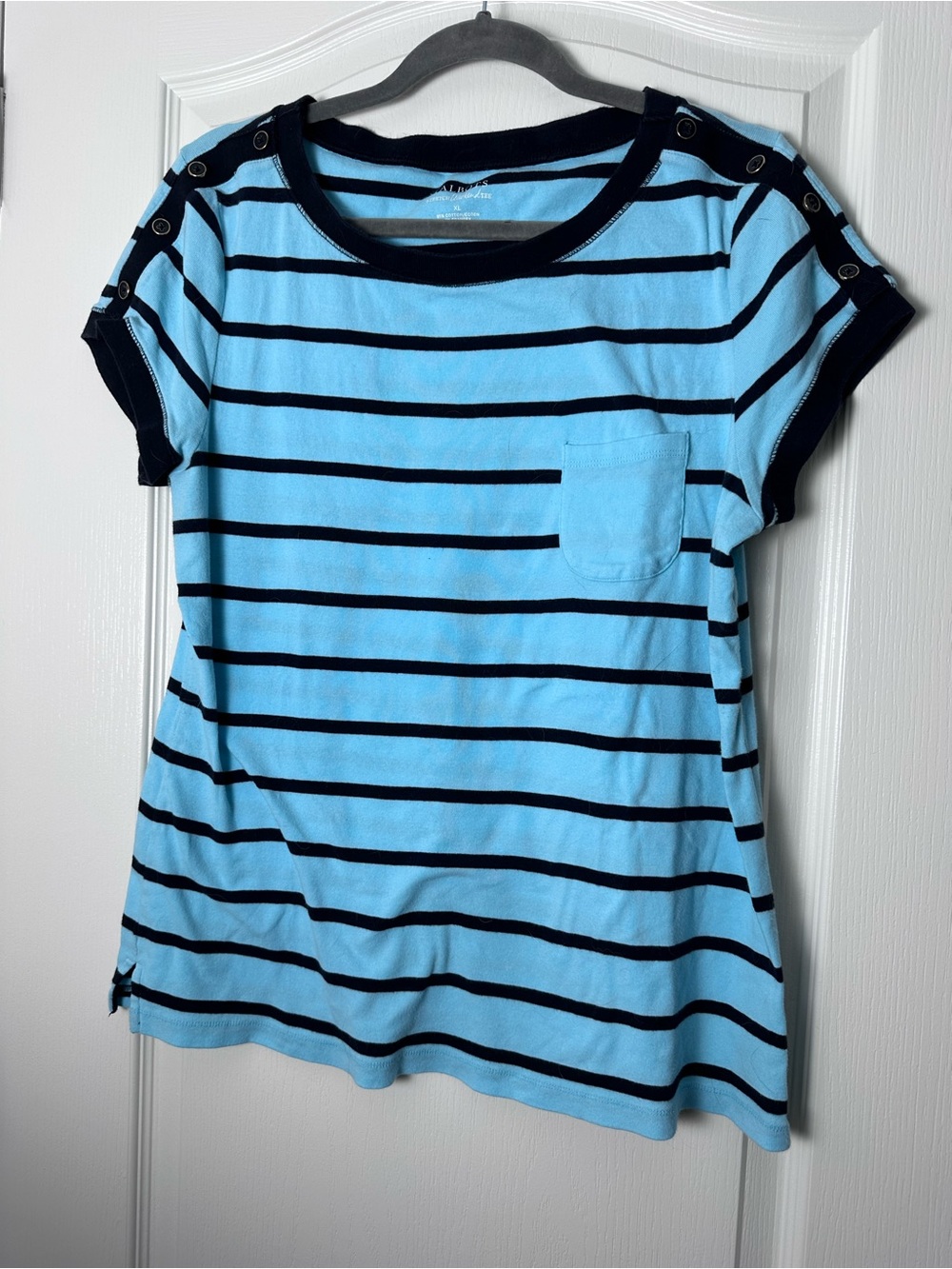 Talbots Light Blue and Black Striped Short-Sleeve Tee with Shoulder Grommets